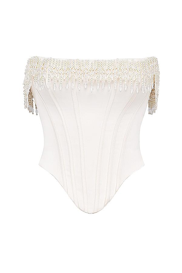 Aubrie  vintage cream embellished satin corset Product Image