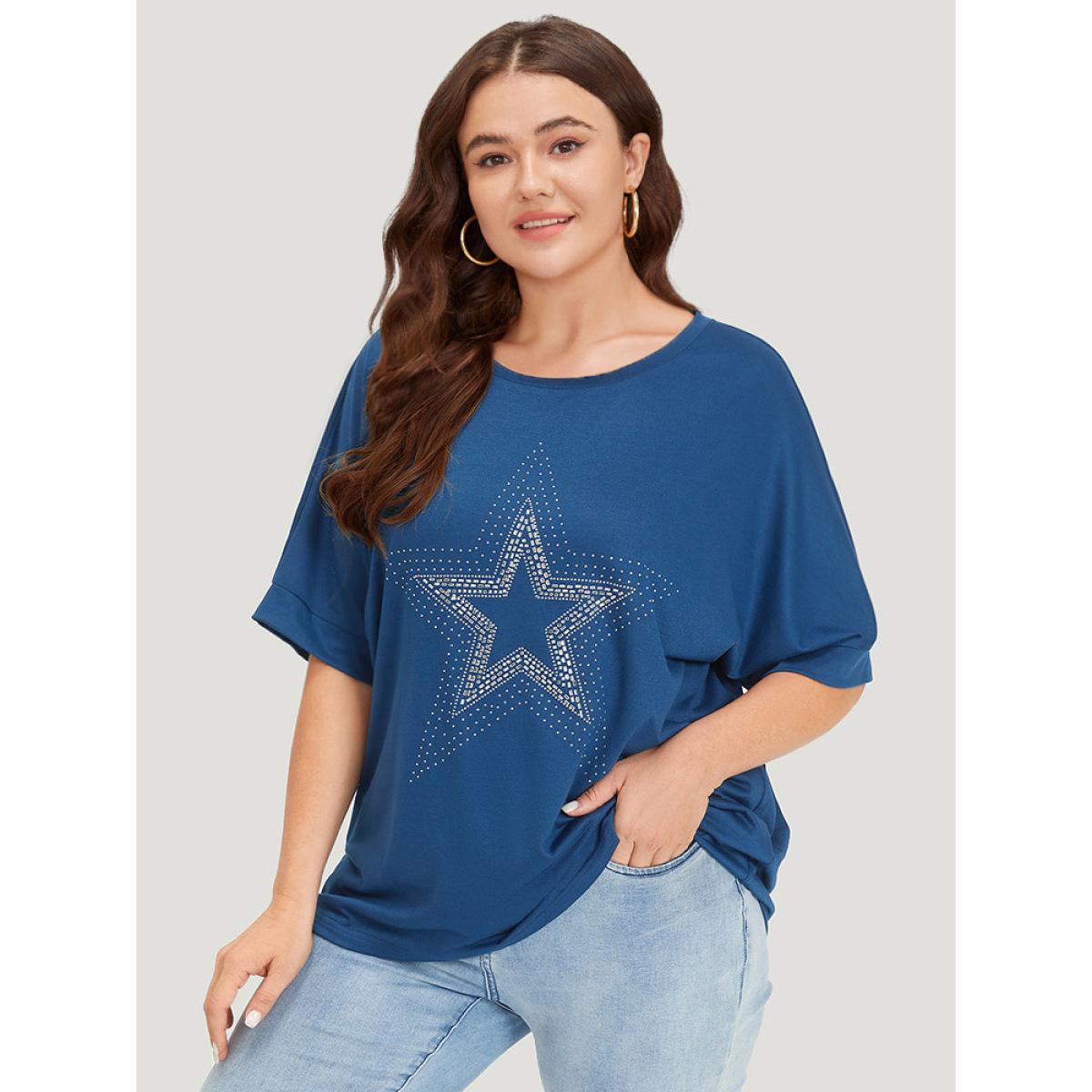 Plus Size Star Rhinestone Crew Neck Roll Batwing Sleeve T-shirt Indigo Women Casual Plain Star and moon Dailywear T-shirts BloomChic 10/M Product Image