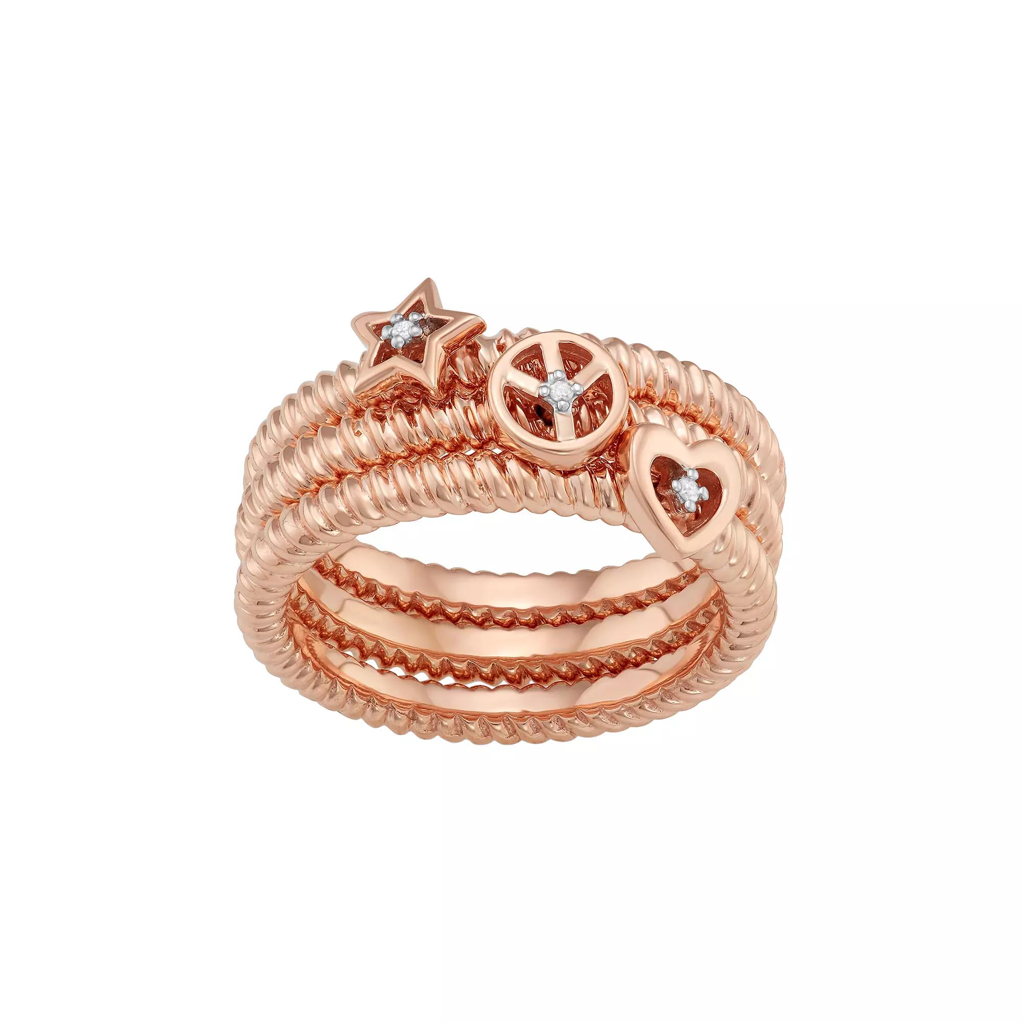 Jewelexcess Sterling Silver Diamond Accent Heart, Star & Peace Sign Stack Ring Set, Women's, Size: 8, Rose Gold Tone Product Image