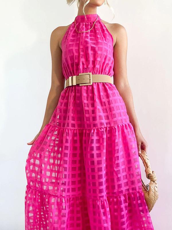 Loose Sleeveless Plaid Ribbed Stand Collar Maxi Dresses Product Image