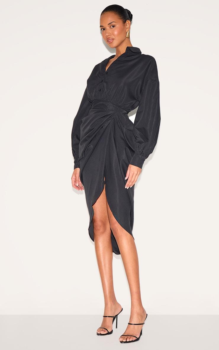 Black Balloon Sleeve Gathered Skirt Midi Shirt Dress Product Image
