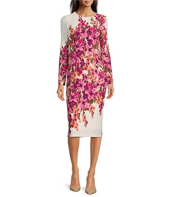 Maggy London Matte Jersey Floral Print Crew Neck Long Sleeve Sheath Midi Dress Product Image