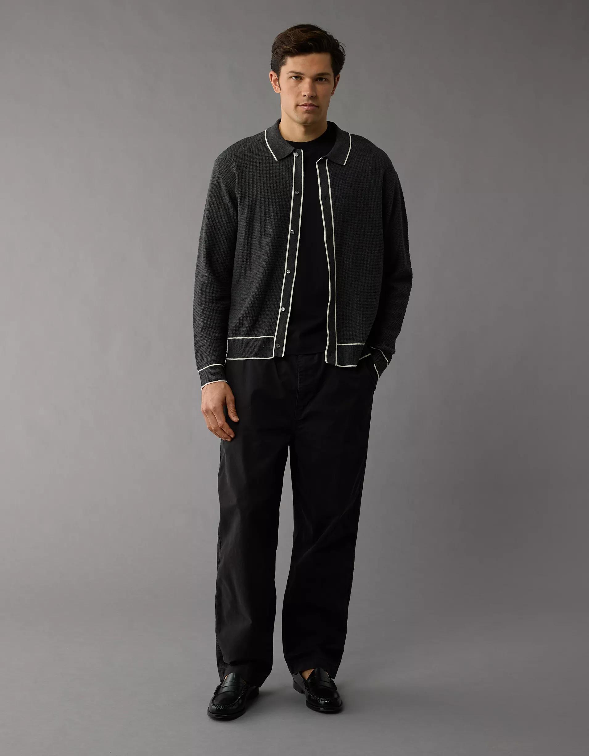 AE Long-Sleeve Tipped Waffle Sweater Polo Shirt Product Image