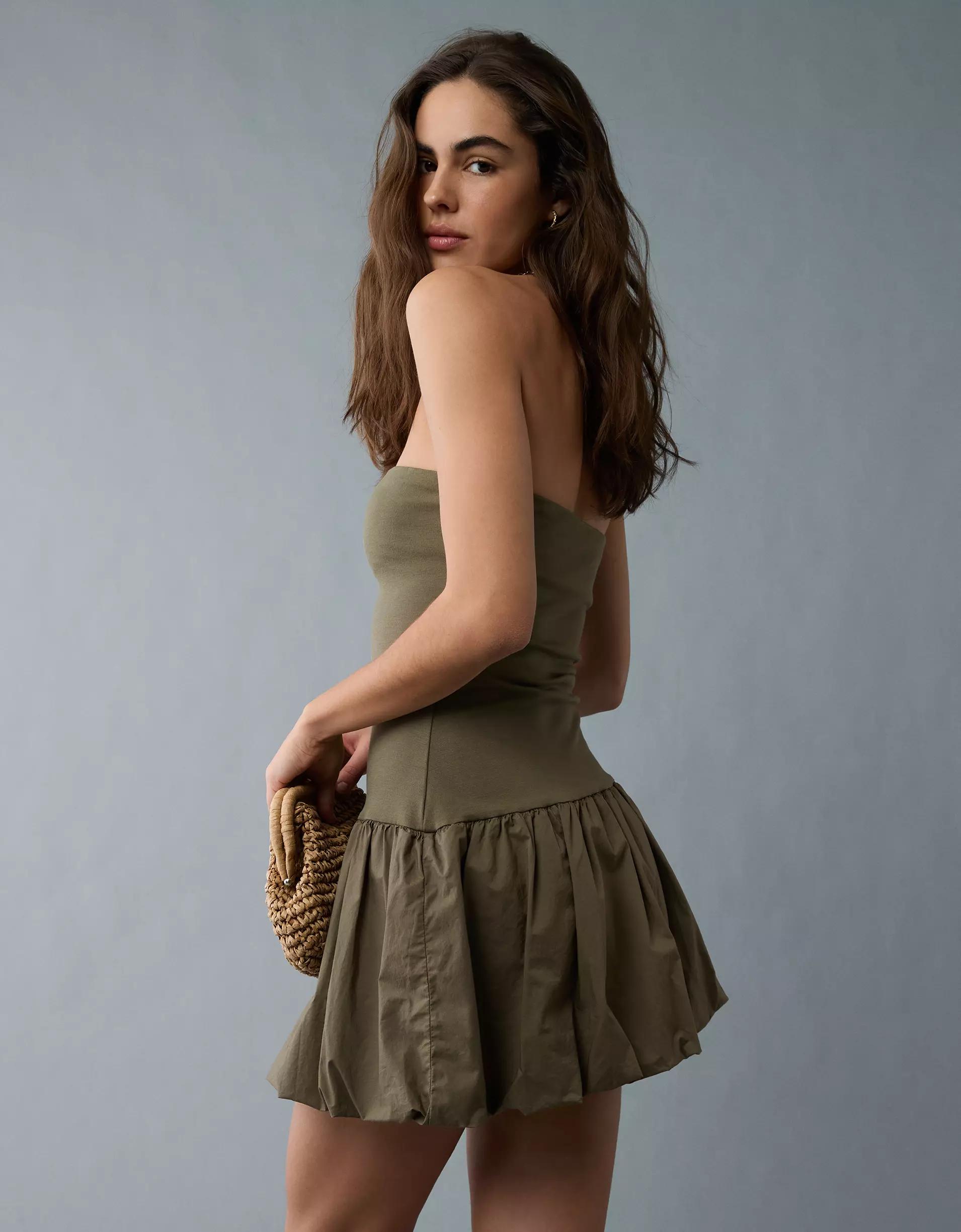 AE Strapless Drop Waist Bubble Mini Dress Product Image