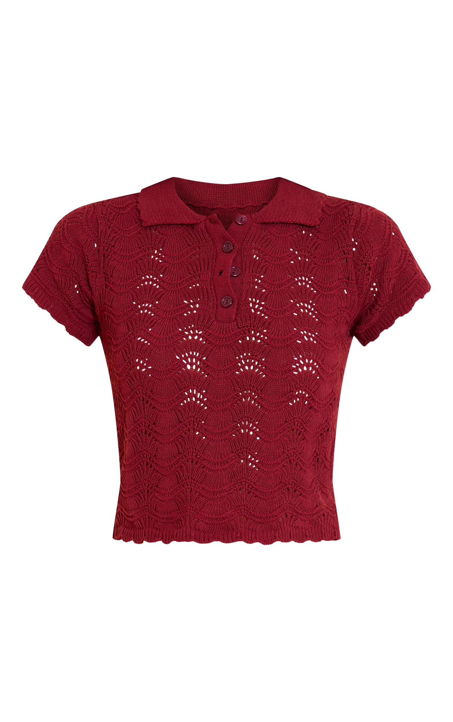 Burgundy Crochet Polo Neck Top Product Image