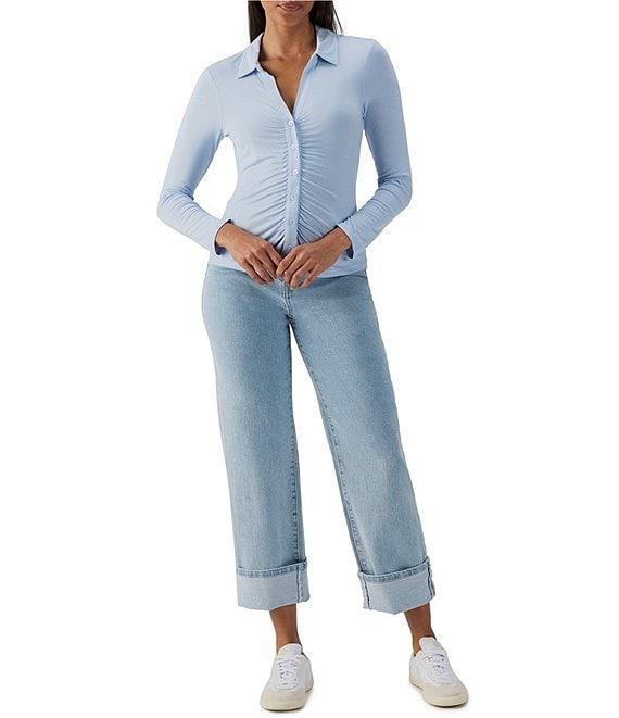 Sanctuary Dreamgirl Long Sleeve Point Collar Ruched Button Front Knit Top Product Image