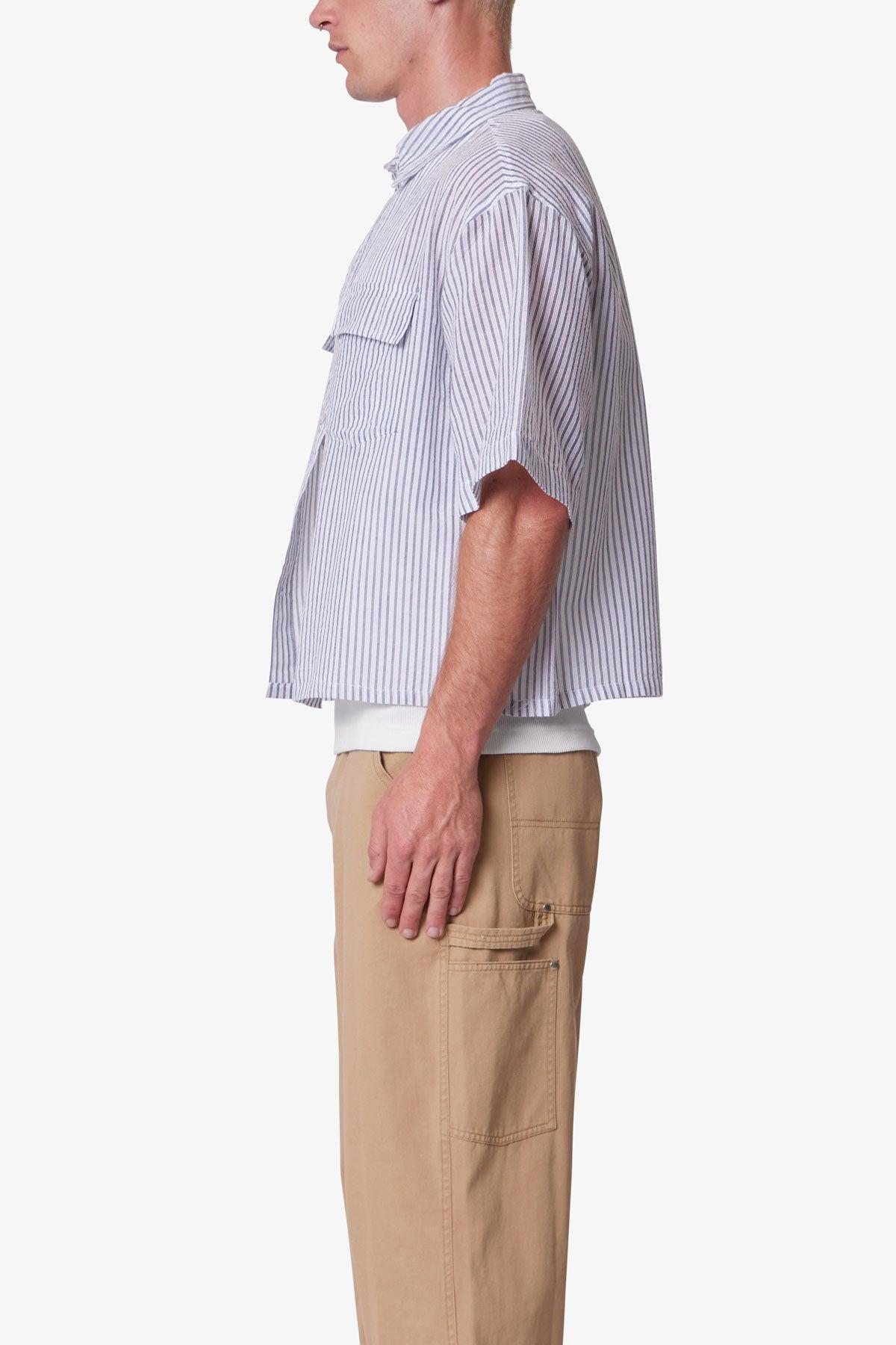 Cropped Boxy Striped S/S Shirt - Blue Product Image