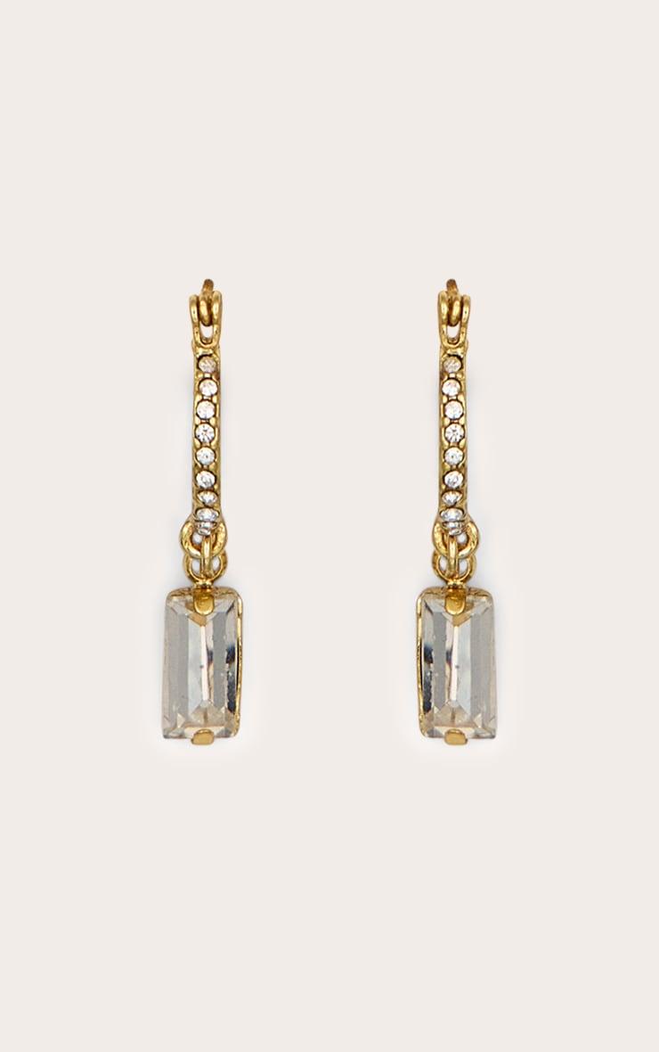 Real Gold Plated Paved Baguette Drop Hoop Earrings Product Image