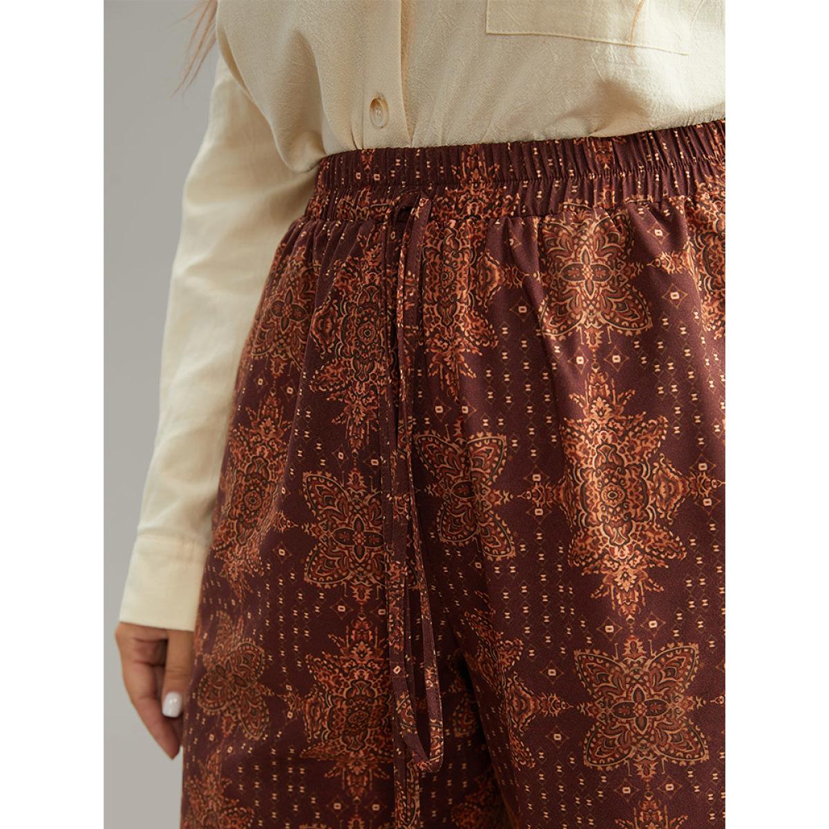 Plus Size Bandana Elastic Waist Wide Leg Ties Pants Women Maroon Vacation Wide Leg High Rise Dailywear Pants BloomChic 26/4X Product Image