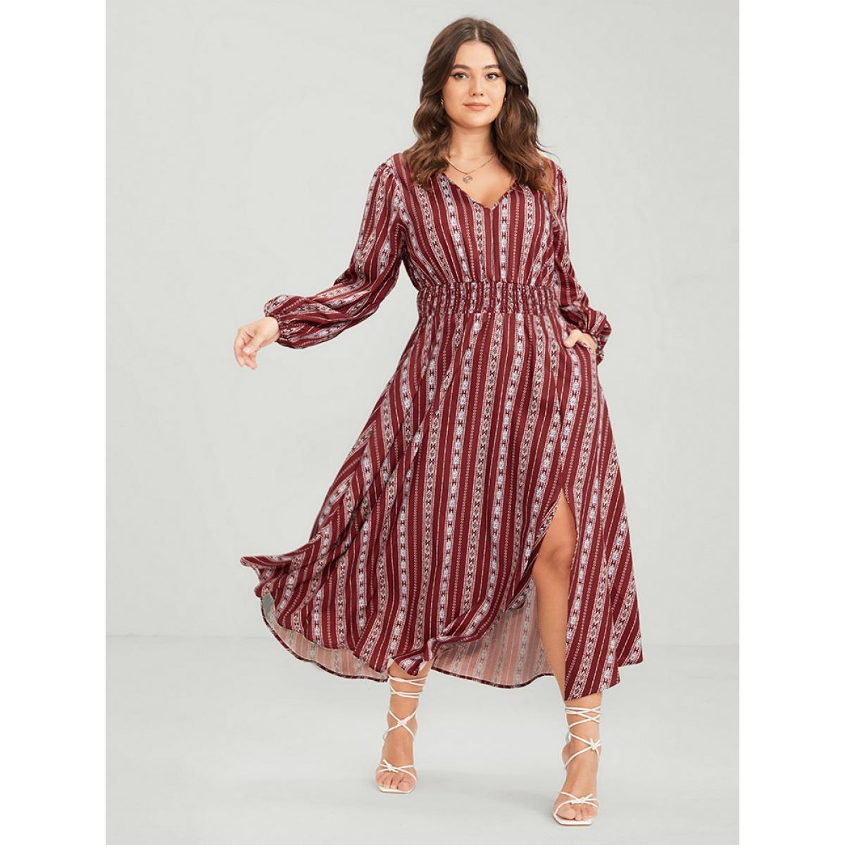 Plus Size Striped Geometric Pocket Lantern Sleeve Shirred Split Dress Red Women Elegant V-neck Long Sleeve Curvy Long Dress BloomChic 26/4X Product Image