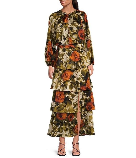 Skies Are Blue Abstract Rose Crew Neck Long Sleeve Button Front Top Product Image