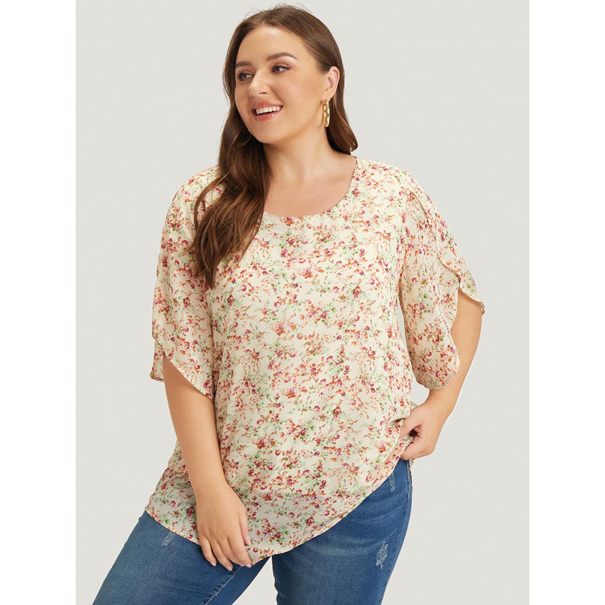 Plus Size White Ditsy Floral Split Petal Sleeve Crew Neck Blouse Women Elegant Short sleeve Round Neck Dailywear Blouses BloomChic 26/4X Product Image