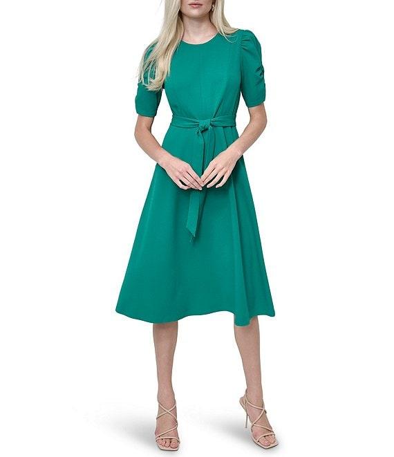 DKNY by Donna Karan Stretch Crew Neck Short Ruched Sleeve Fit and Flare Midi Dress Product Image