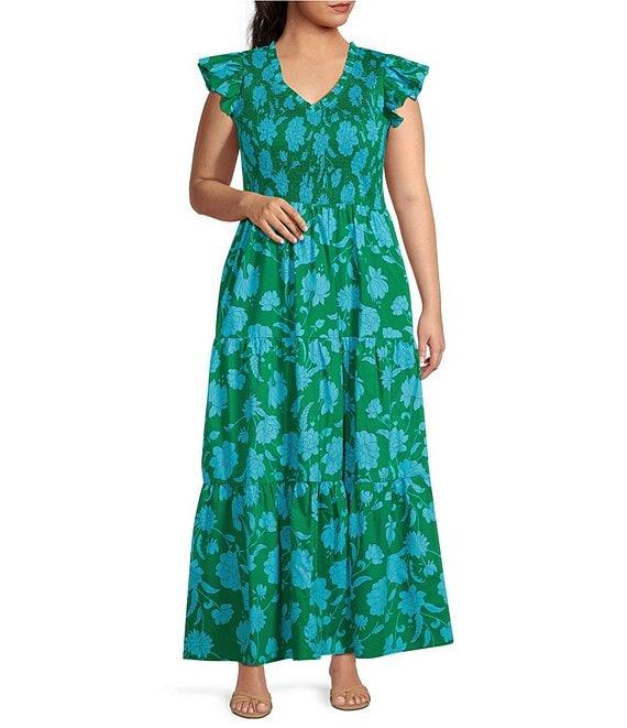 Sugarlips Plus Size Tropical Floral Print V-Neck Ruffle Cap Sleeve Smocked Bodice Tiered Long Dress Product Image