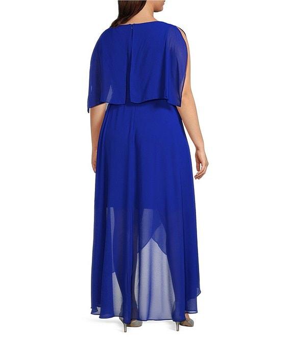 Jessica Howard Plus Size Short Sleeve Crew Neck Tie Waist Chiffon Hi-Low Maxi Dress Product Image
