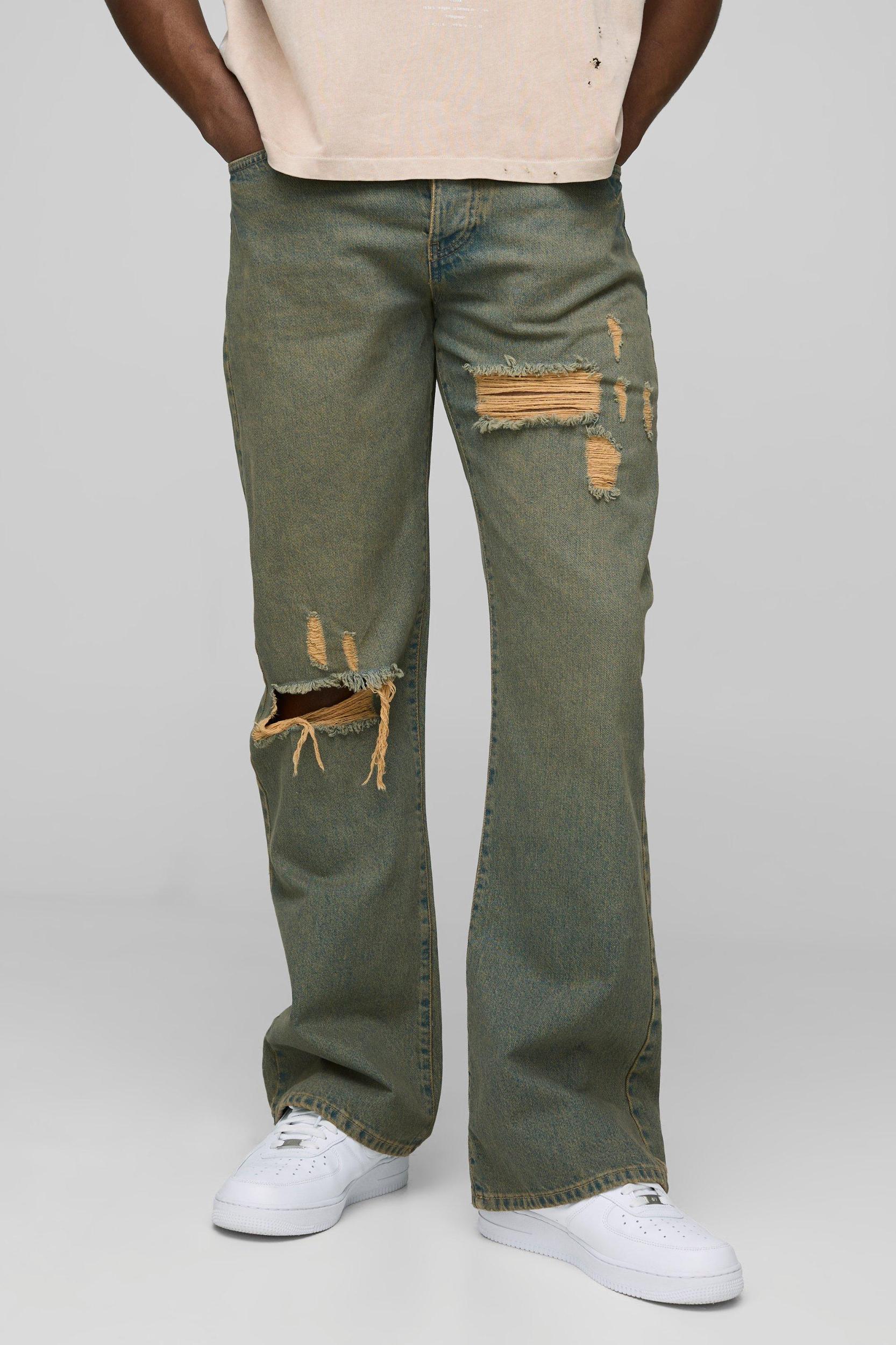 Relaxed Flared Ripped Knee Antique Wash Jeans | boohooMAN USA Product Image