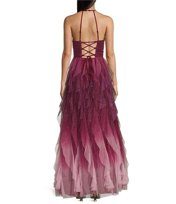 Pear Culture Glitter Ombre Corkscrew Tulle Long Dress Product Image