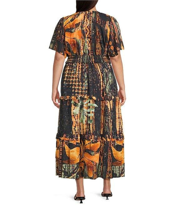 Calessa Plus Size Autumn Floral V-Neck Short Sleeves Tiered Smocked Waist Tiered Midi Dress Product Image