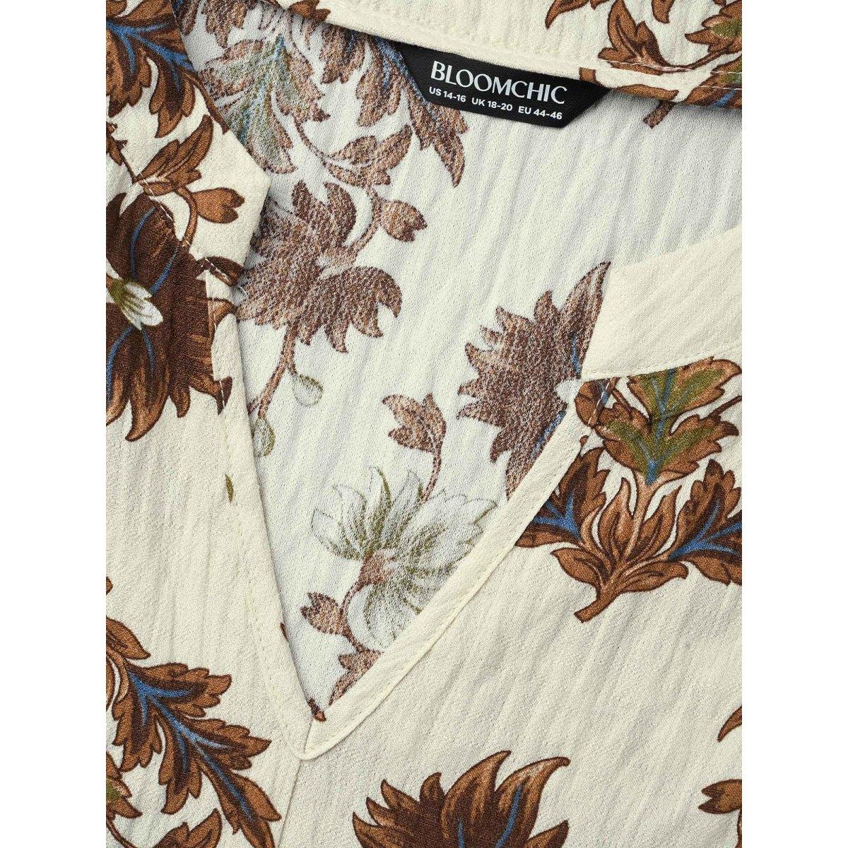 Plus Size Ivory Floral Print Notched Collar Shirt Women Elegant Elbow-length sleeve Notched collar Everyday Blouses BloomChic 12/L Product Image