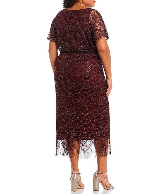 Ignite Evenings Plus Size Round Neck Short Sleeve Scallop Fringe Blouson Midi Dress Product Image