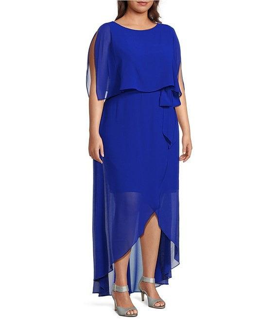 Jessica Howard Plus Size Short Sleeve Crew Neck Tie Waist Chiffon Hi-Low Maxi Dress Product Image