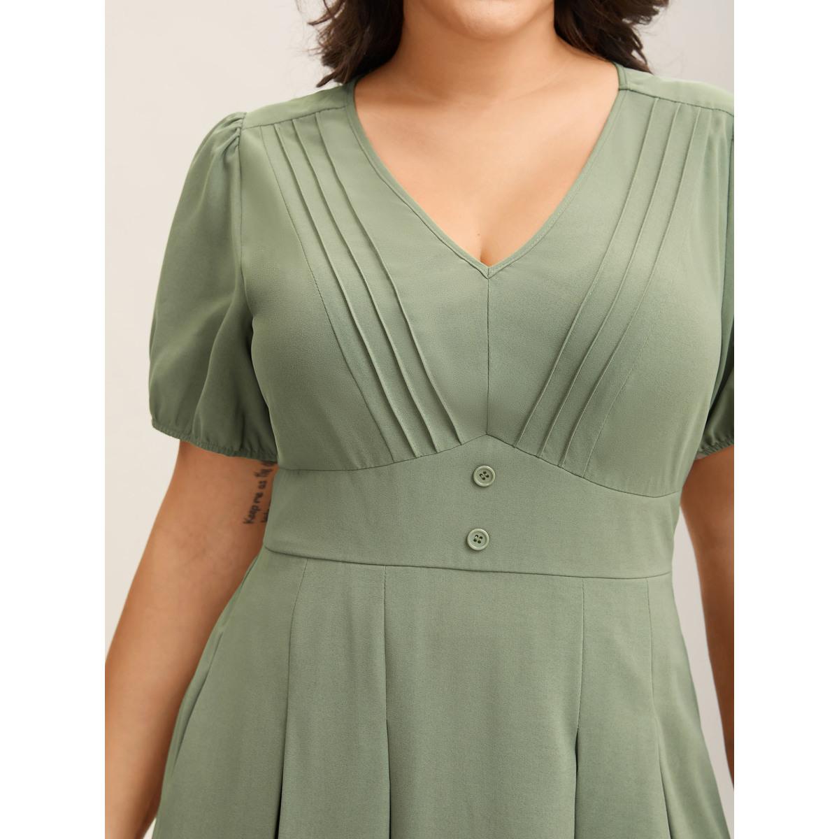 Plus Size Pleated Neckline Cinched-Waist Solid Midi Dress Greenbean Women V-neck Short sleeve Curvy BloomChic 14-16/1X Product Image