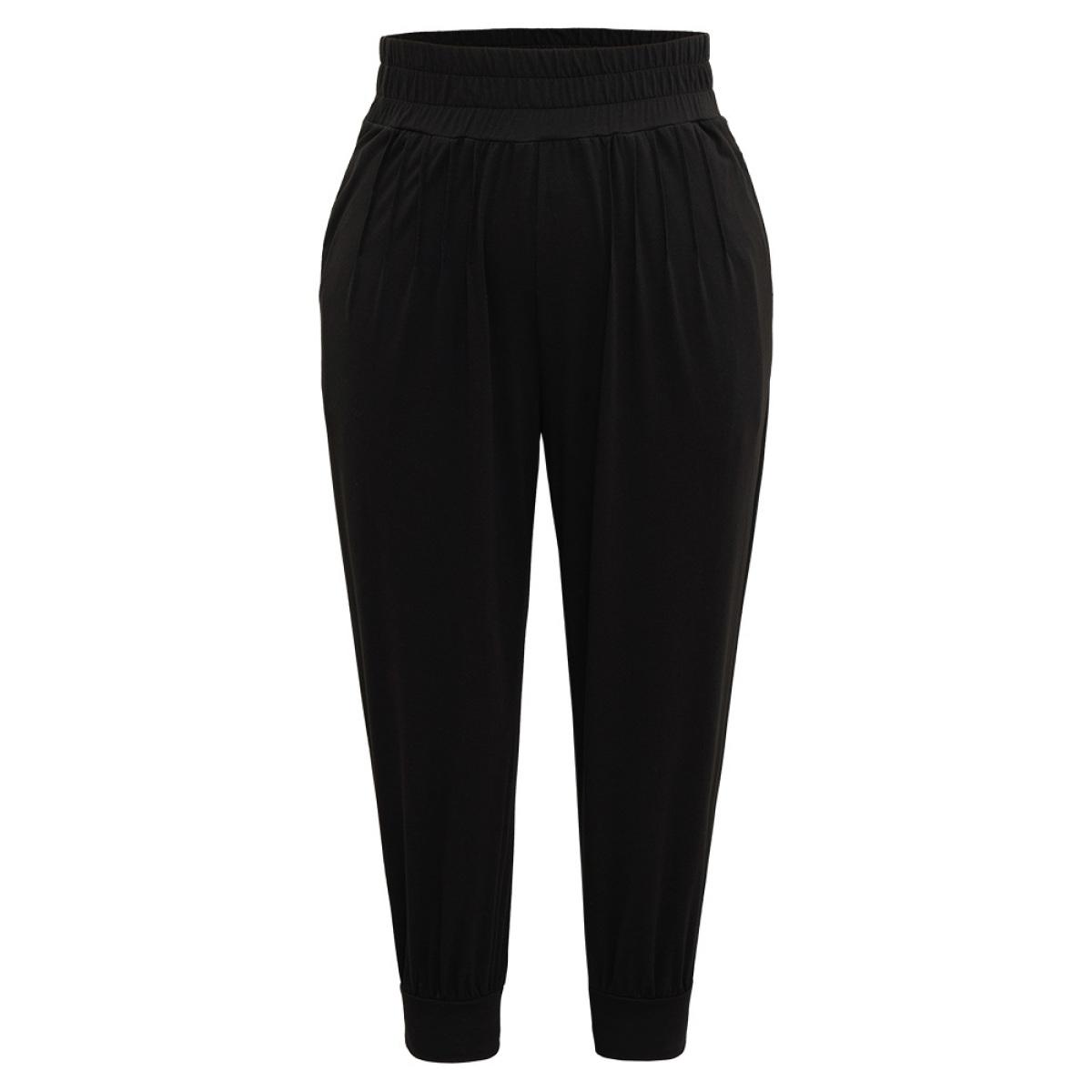 Solid Shirred Pocket Harem Sweatpants Black Plus Size Women Casual Dailywear Tummy control 18-20/2X Bloomchic Product Image