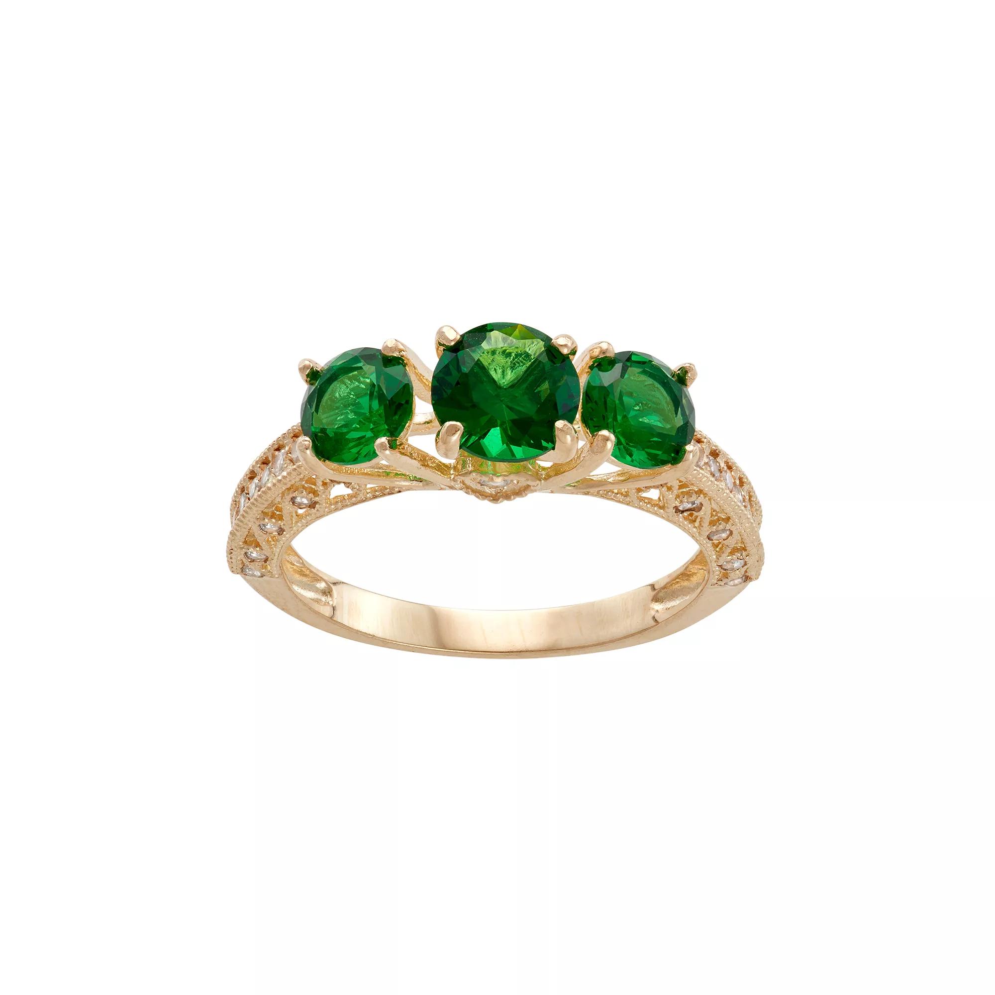 Designs by Gioelli 10k Gold Simulated Emerald & Lab-Created White Sapphire 3-Stone Ring, Women's, Size: 8 Product Image