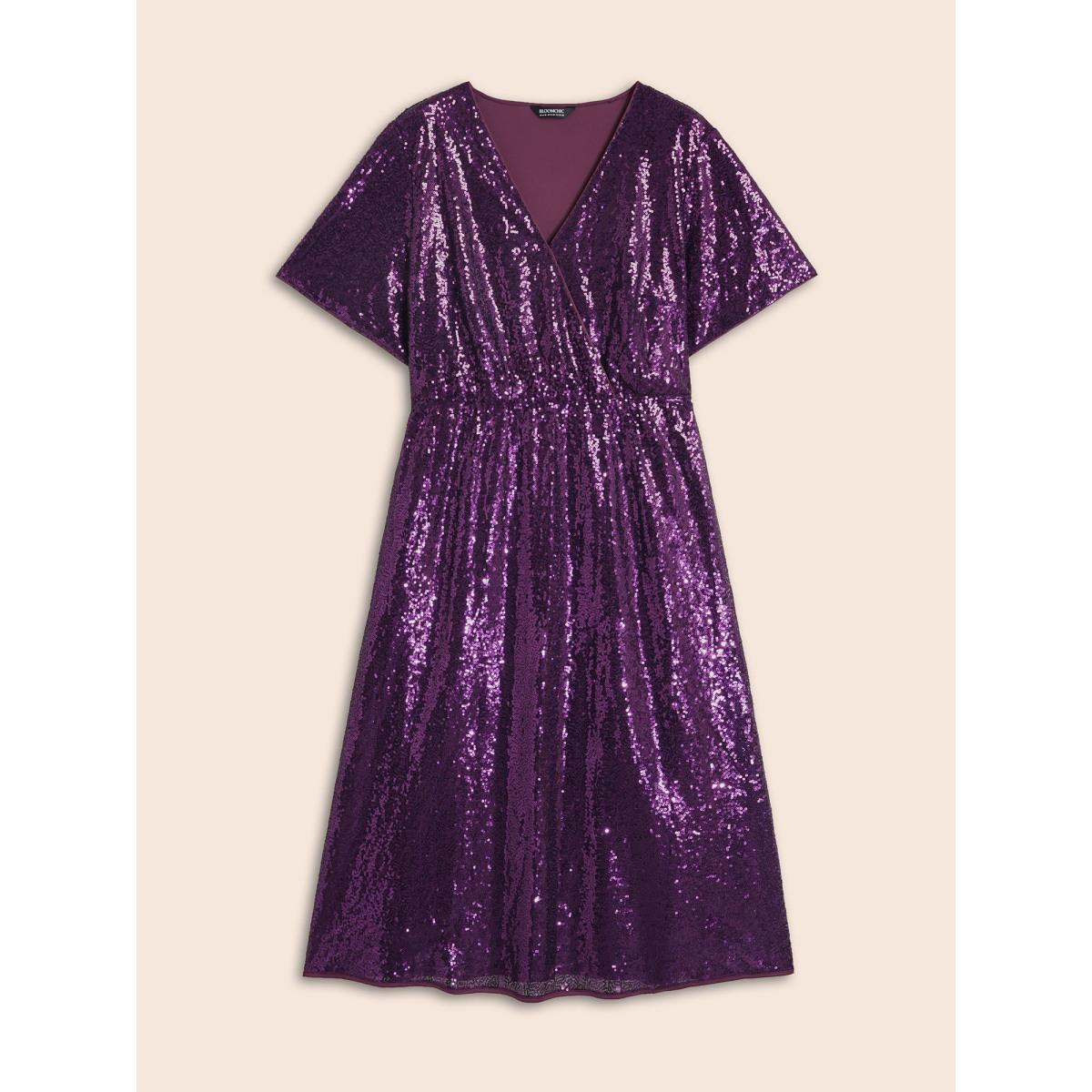 Plus Size Sequin Overlap Collar Ruffle Sleeve Dress Deeppurple Women Cocktail Texture Overlap Collar Short sleeve Curvy BloomChic 14-16/1X Product Image