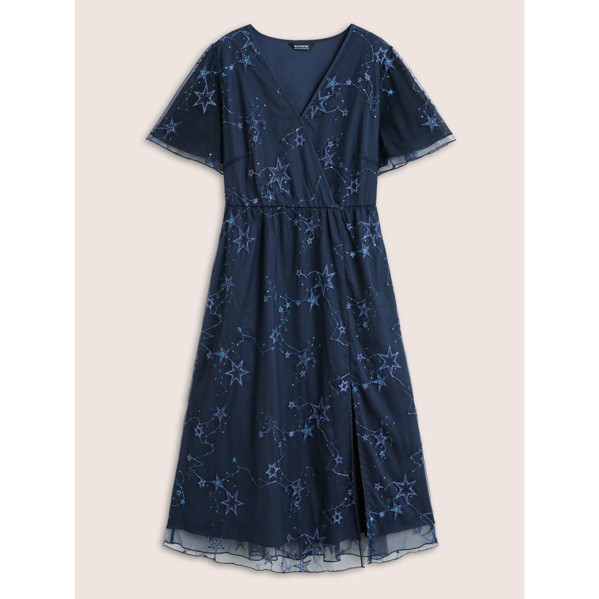 Plus Size Star Embroidered Mesh Split Hem Dress DarkBlue Women Formal See through Overlap Collar Short sleeve Curvy BloomChic 14-16/1X Product Image