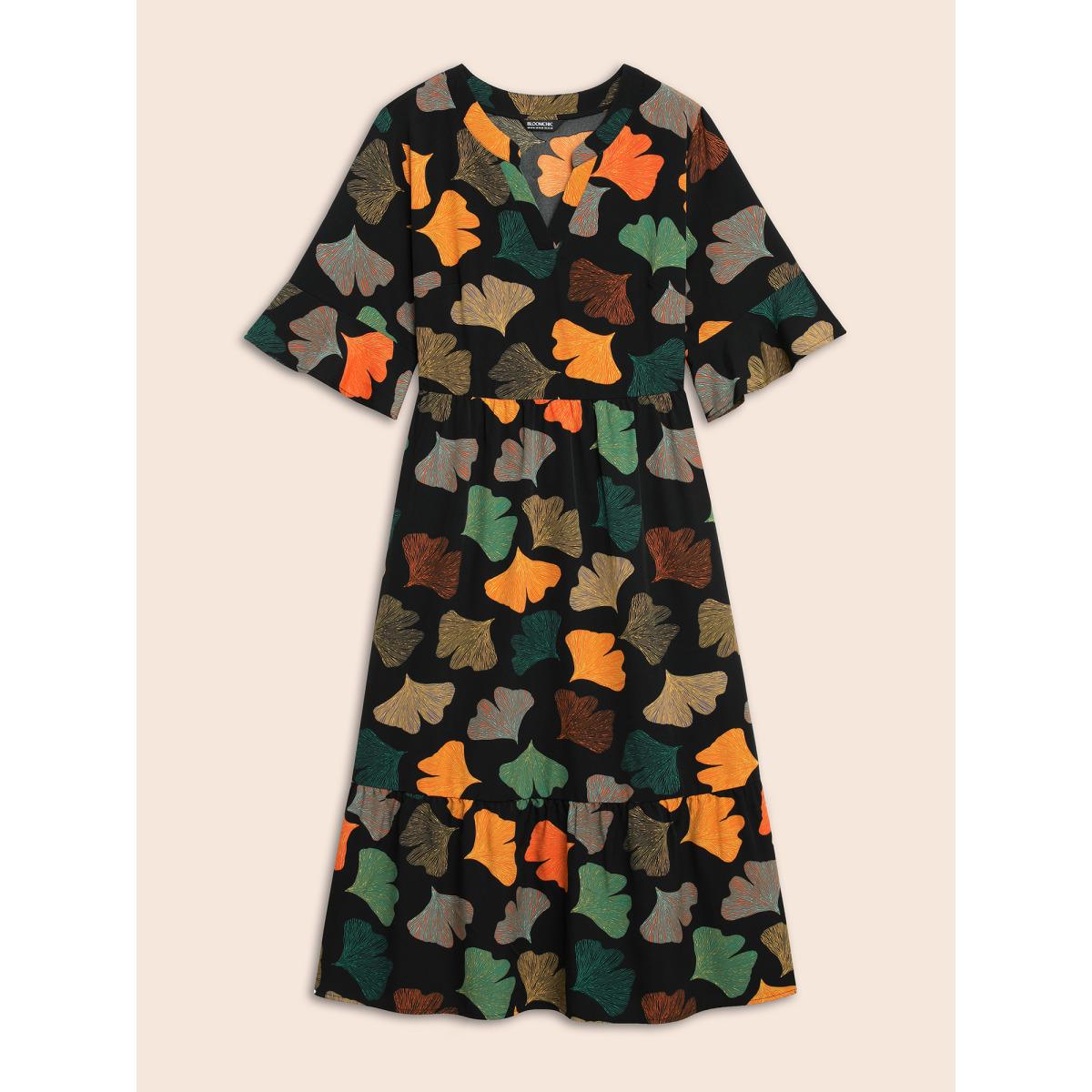 Plus Size Floral Print Notched Ruffle Sleeve Dress BlackFlower Women Elegant Ruffles Flat collar Half Sleeve Curvy BloomChic 10/M Product Image