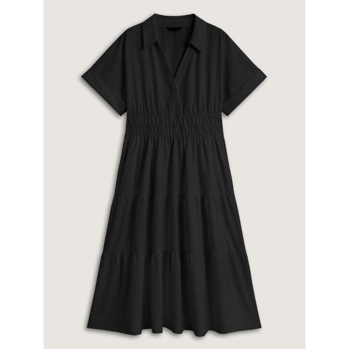 Plus Size Midfield Tiered Midi Shirt Dress Black Women Office Gathered Shirt collar Short sleeve Curvy BloomChic 30/6X Product Image