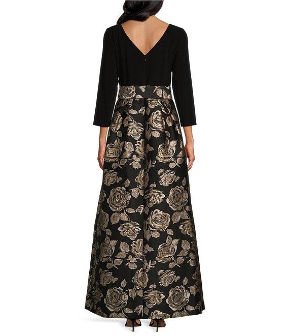 Jessica Howard Floral Metallic Jacquard Boat Neck 3/4 Sleeve Tie Sash Ballgown Product Image