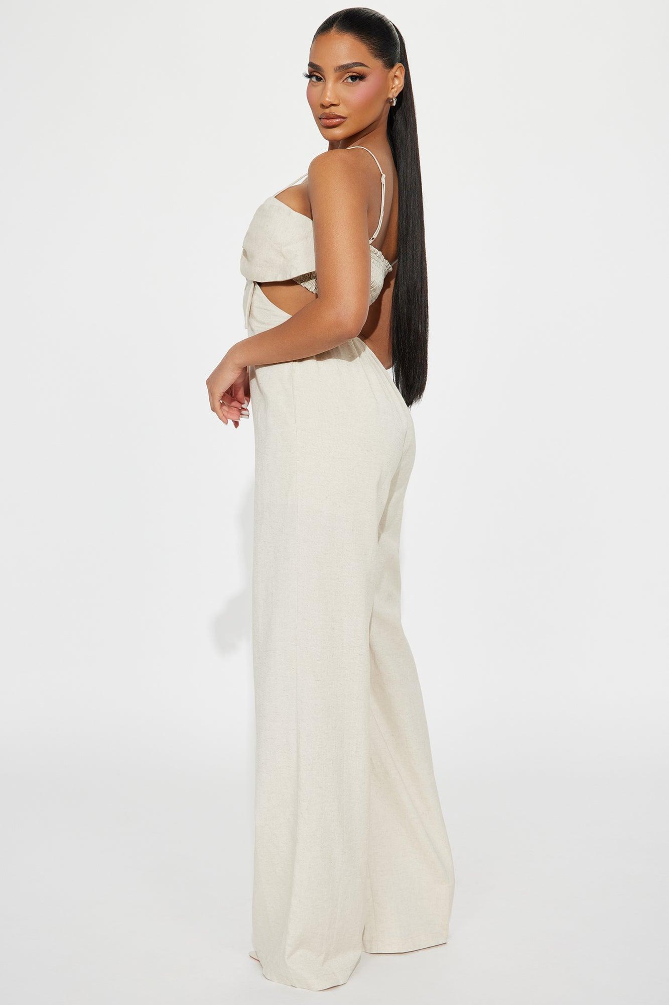 Follow The Petals Linen Jumpsuit  - Beige Product Image