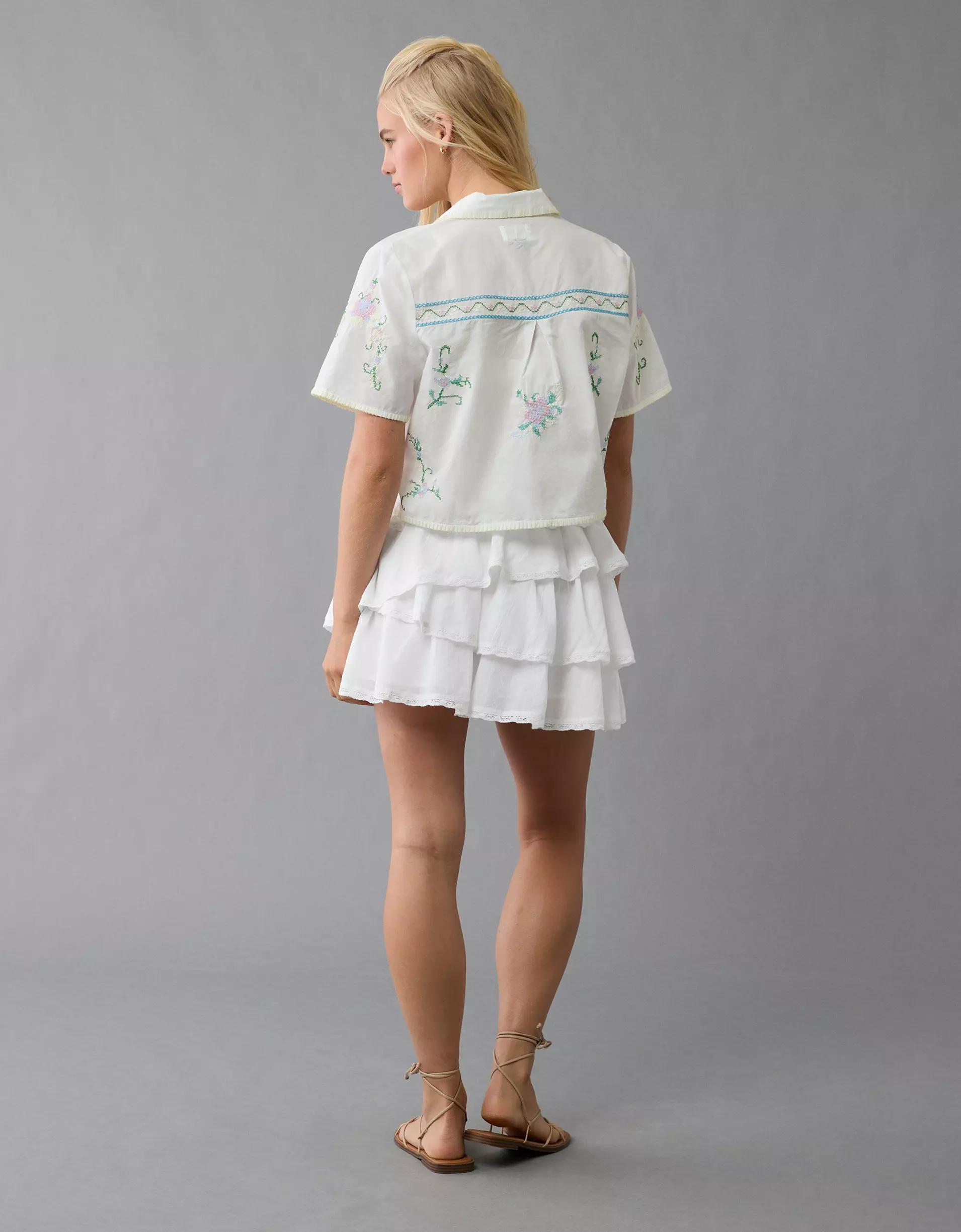 AE Collared Tie Front Embroidered Shirt Product Image