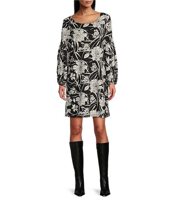 Bryn Walker Modal Ponti Floral Print Round Neck Long Sleeve Lantern Dress Product Image