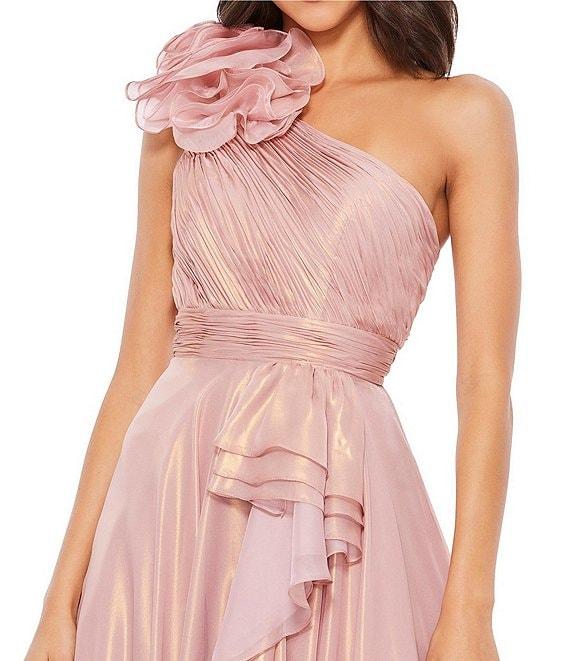 Mac Duggal Iridescent One Shoulder Rosette Ruffled Sleeveless Gown Product Image