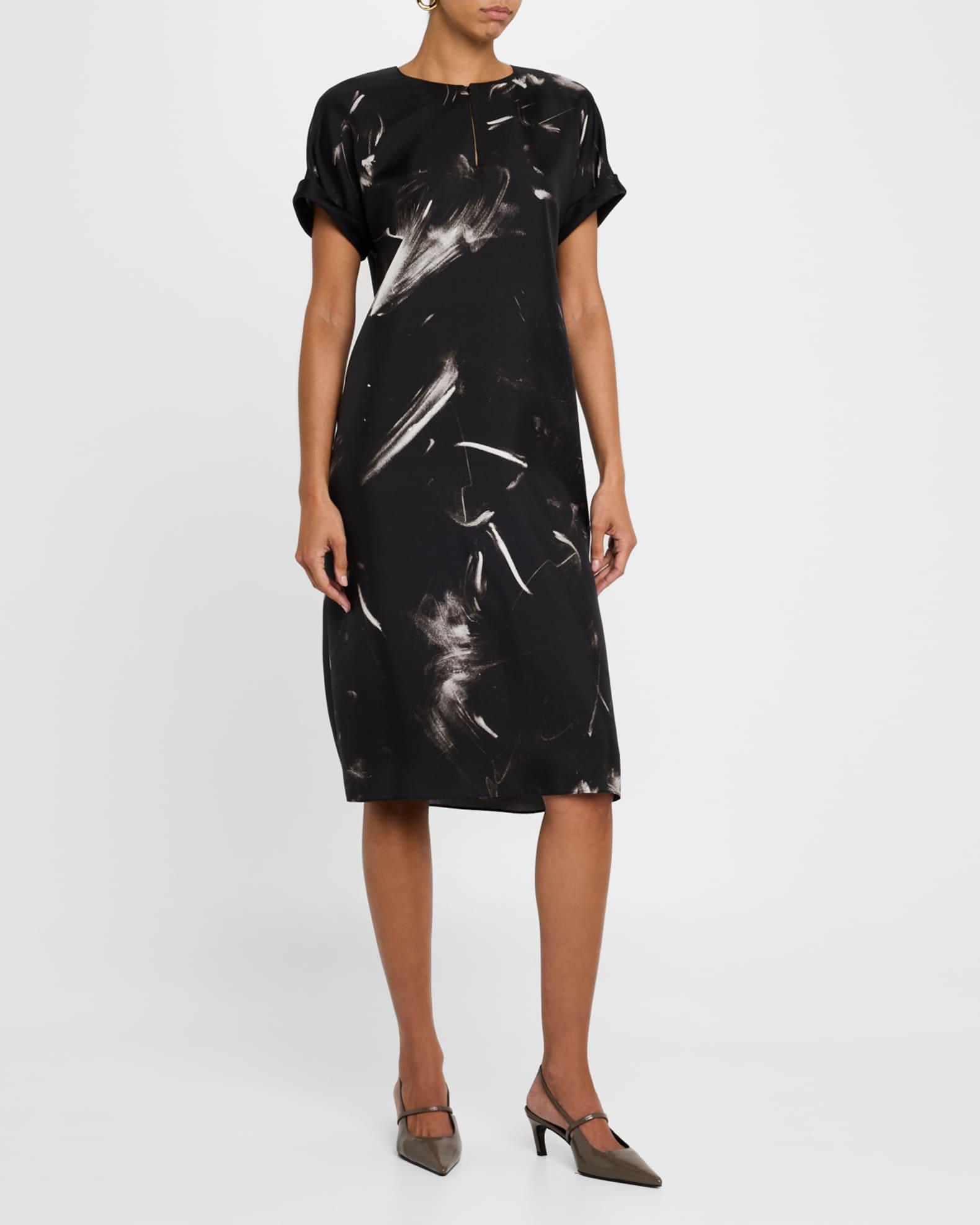 Cuffed Short-Sleeve Silk Dress Product Image