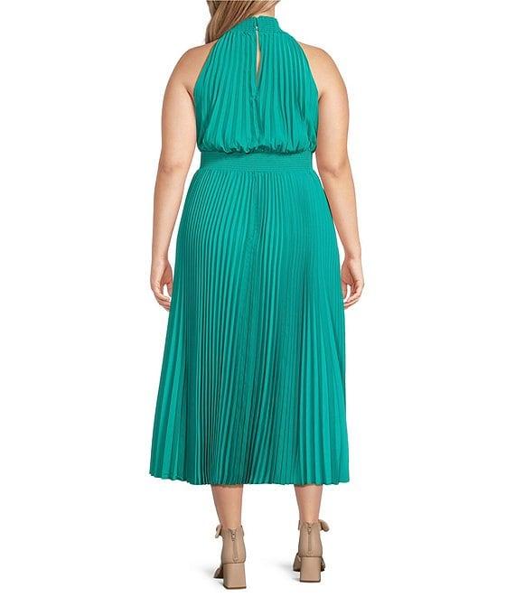 Marina Plus Size Sleeveless Halter Mock Neck Smocked Pleated Crepe Chiffon A-Line Maxi Dress Product Image