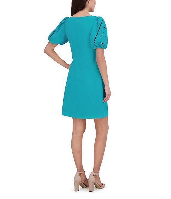 Vince Camuto Stretch Crepe Boat Neck Short Sleeve Laser-Cut Shift Dress Product Image