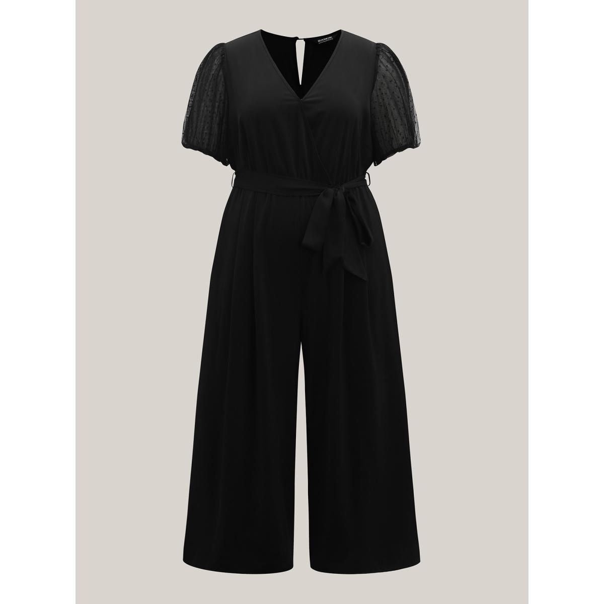 Plus Size Black Sheer Stretchy Waist Belted Solid Jumpsuit Women Office Half Sleeve Overlap Collar Office Loose Jumpsuits BloomChic 18-20/2X Product Image