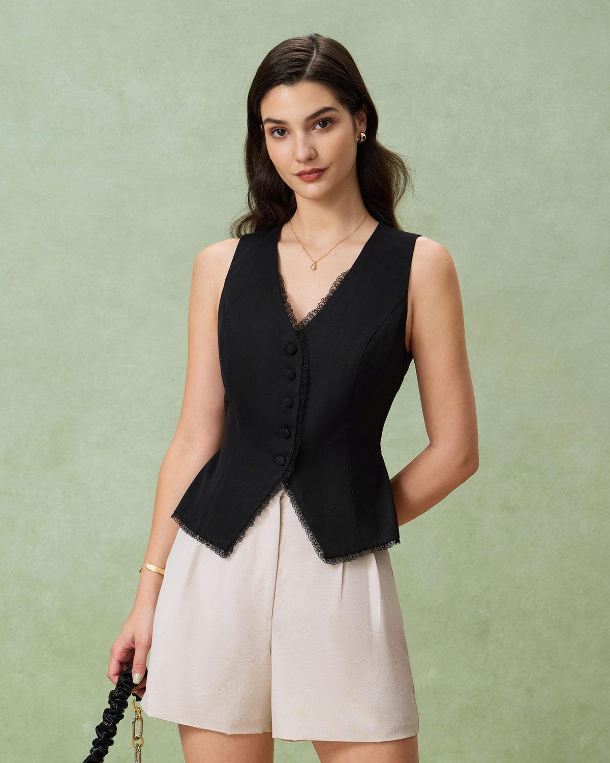 Black V-Neck Single Breasted Vest Product Image