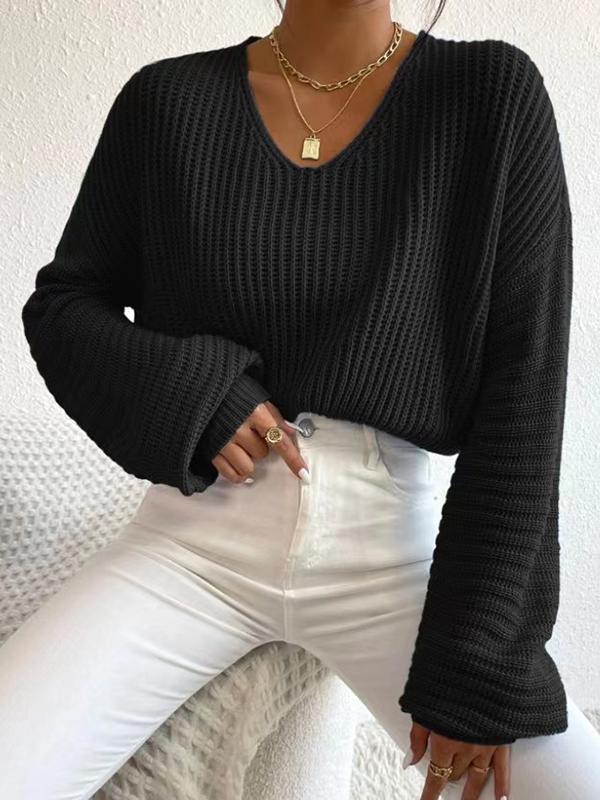 Long Sleeves Loose Solid Color Split-Joint V-Neck Pullovers Sweater Tops Product Image