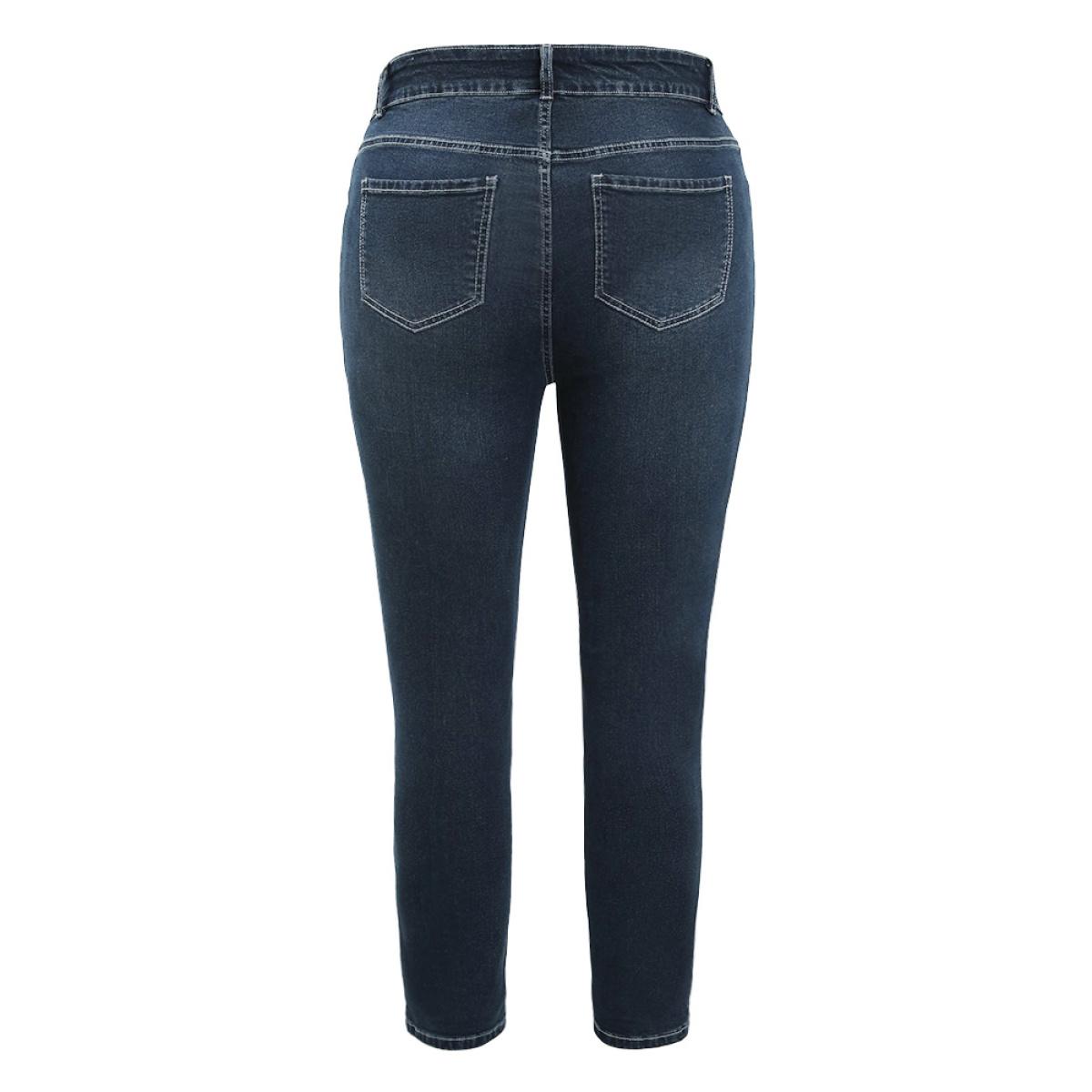 Plus Size Very Stretchy High Rise Dark Wash Distressed Stitch Jeans Women Midnight Casual Plain Roll Hem High stretch Jeans BloomChic 12/L Product Image