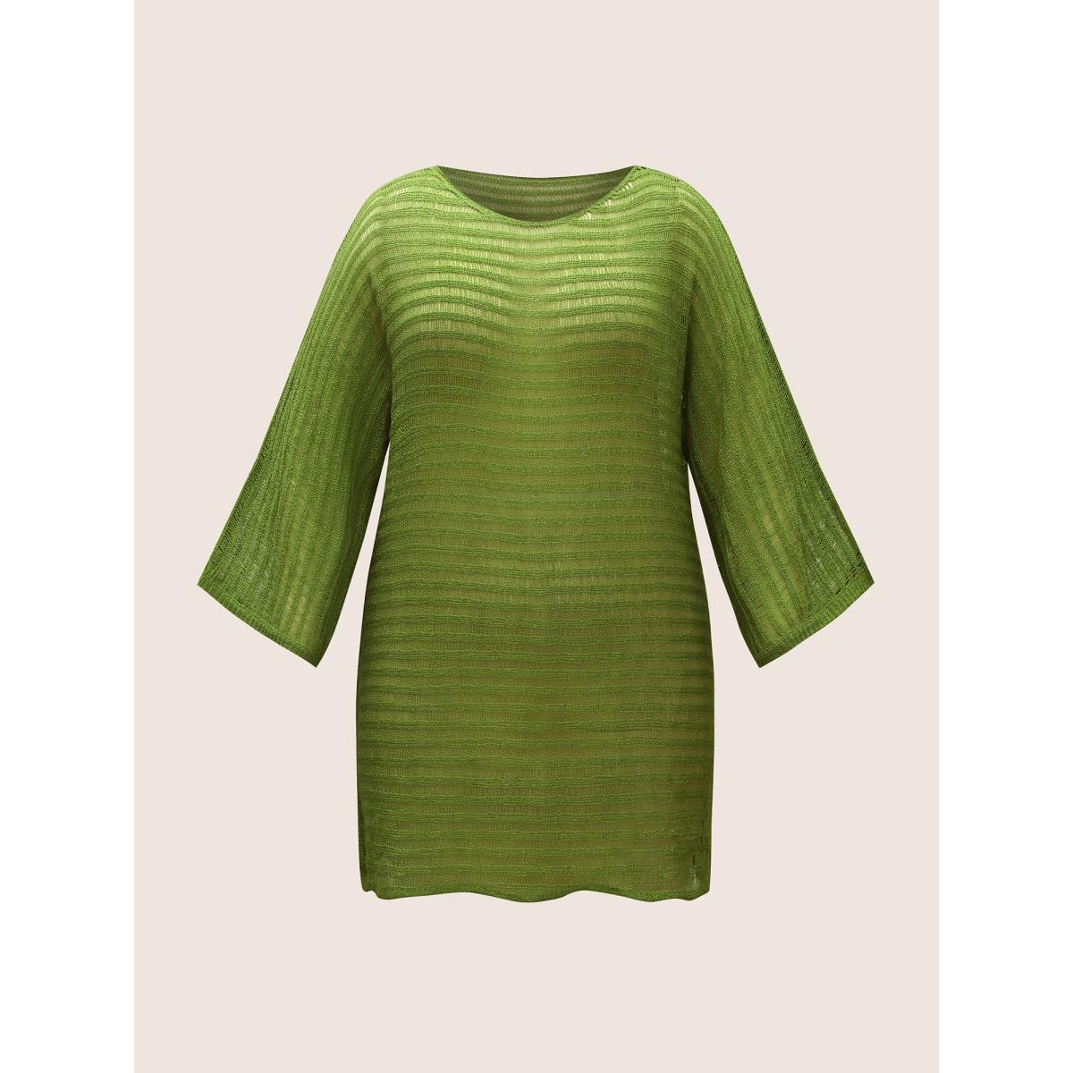 Plus Size Boat Neck Pointelle Knit Batwing Sleeve Swim Cover Up Women's Swimwear Moss Beach Loose Texture Curve Swim Cover Ups BloomChic 14-16/1X Product Image