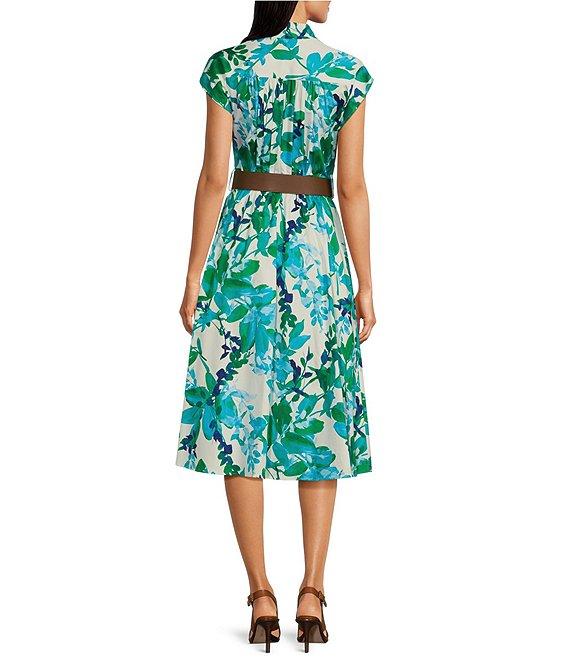 Calvin Klein Short Sleeve Floral V-Neck Belted Midi Dress Product Image