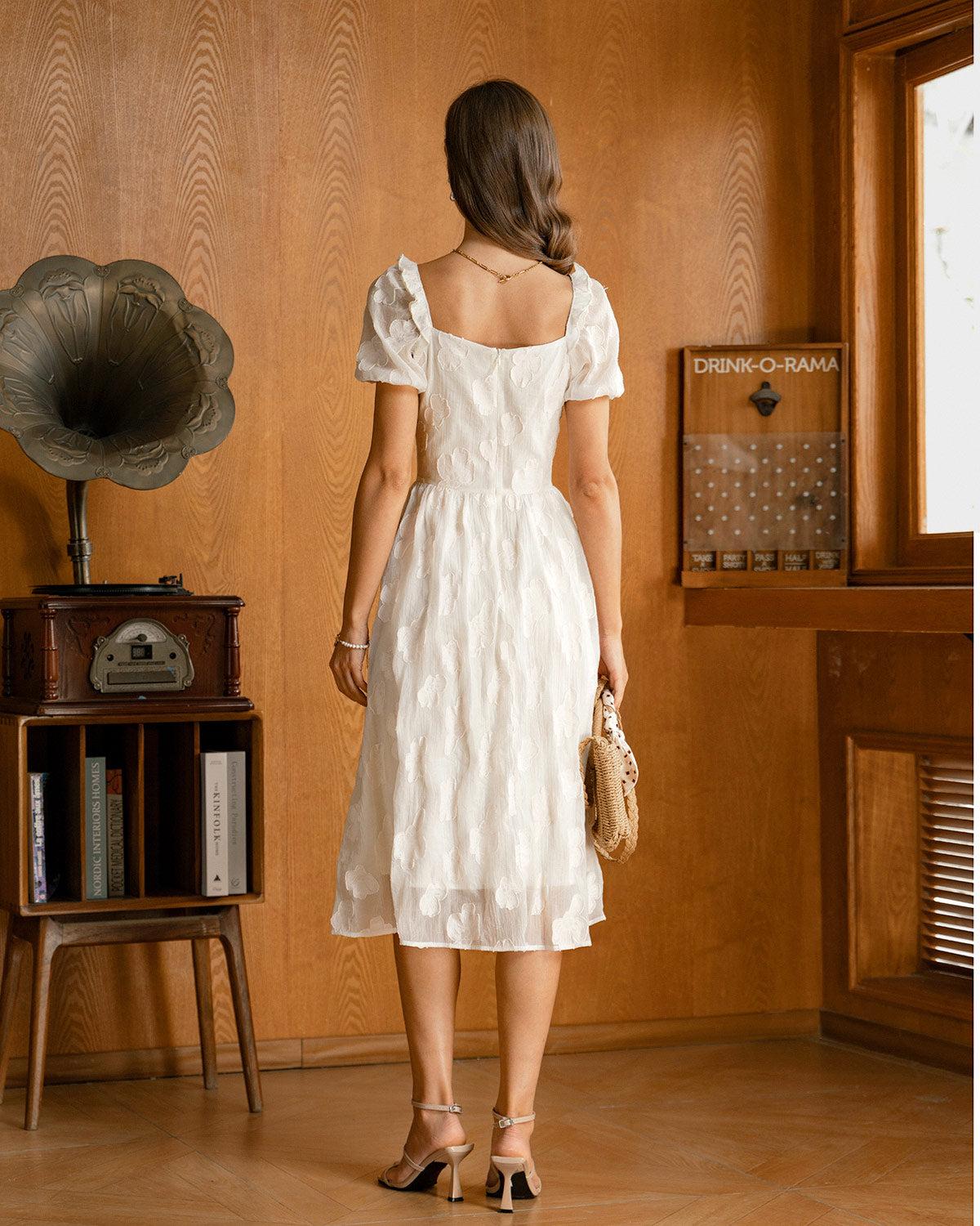 Beige Square Neck Puffed Sleeve Midi Dress Product Image