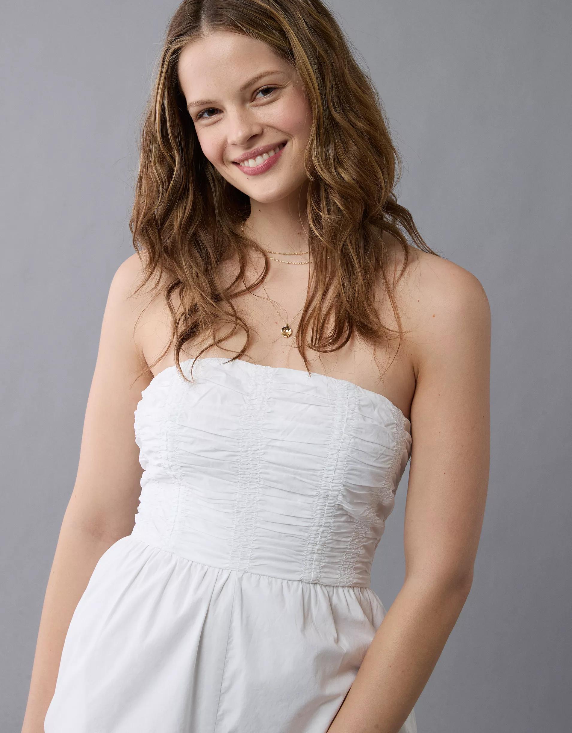 AE Strapless Ruched Bodice Romper Product Image