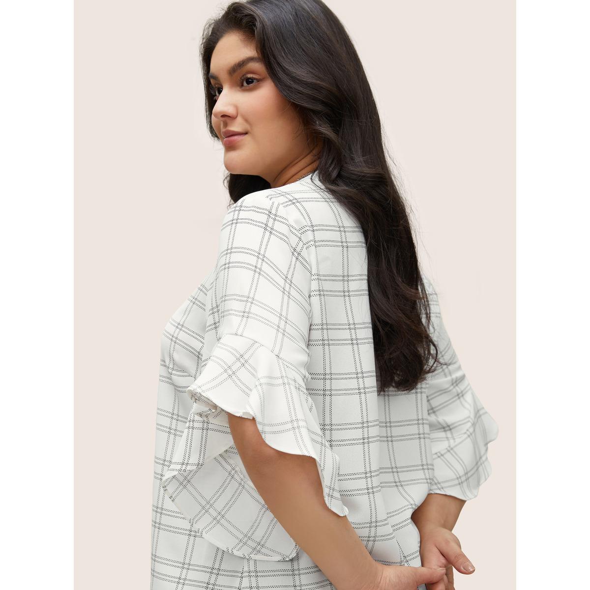 Plus Size White Plaid Notched Patchwork Ruffle Sleeve Blouse Women At the Office Half Sleeve Flat collar with V-notch Work Blouses BloomChic 18-20/2X Product Image