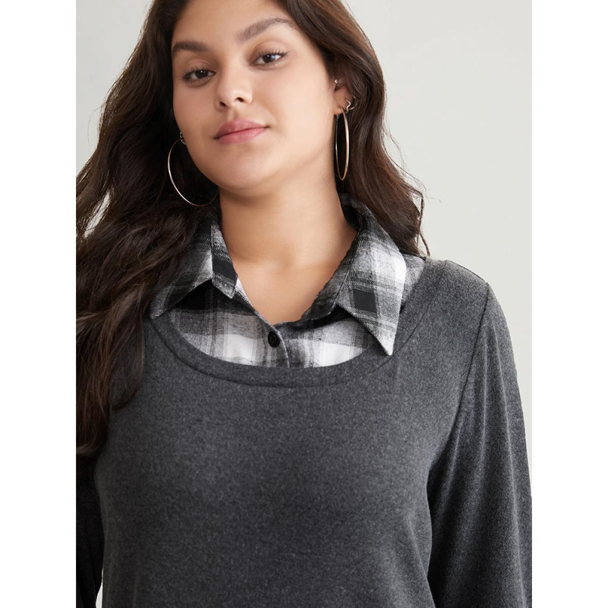 Plus Size 2-In-1 Plaid Patchwork Lapel Collar Sweatshirt Women DimGray Casual Contrast Lapel Collar Dailywear Sweatshirts BloomChic 22-24/3X Product Image